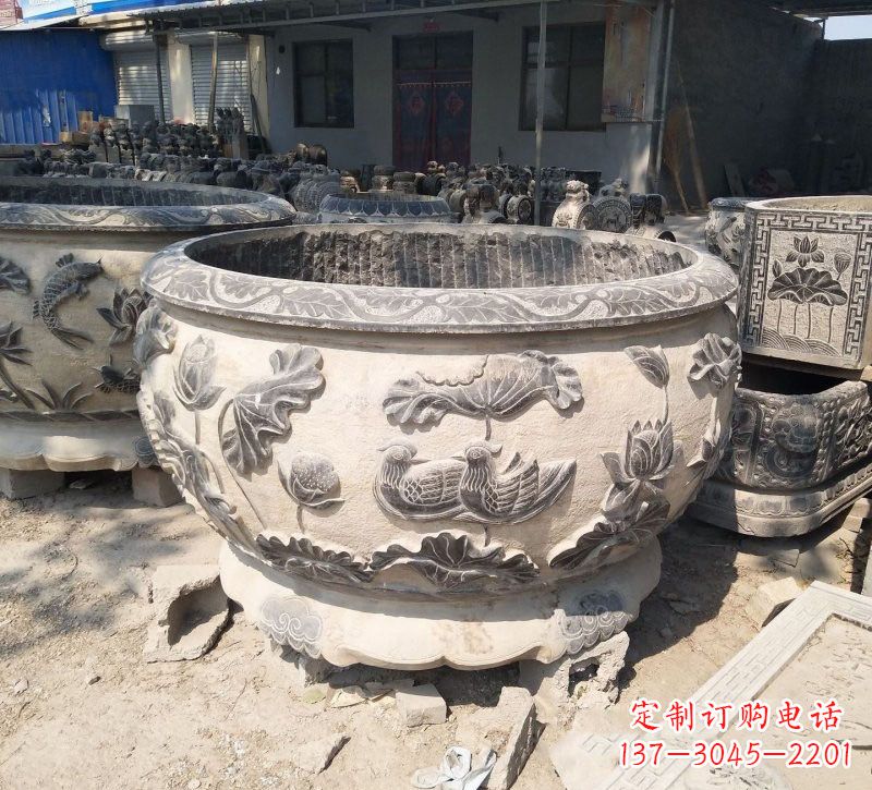 山西传统艺术、高雅精致,荷花鸳鸯石水缸精美雕塑