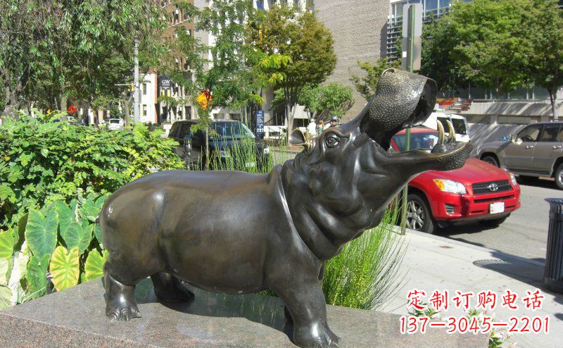山西精美细腻的街边河马铜雕