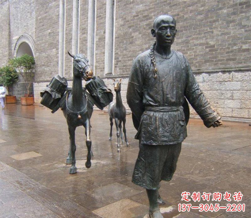 山西街边牵毛驴的古代人物小品铜雕