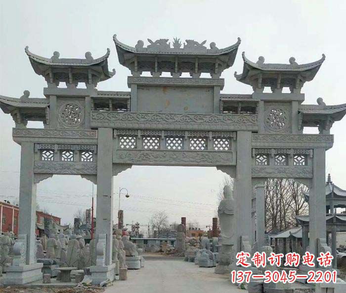 山西三门牌坊石雕,精美汉风石雕装饰景区