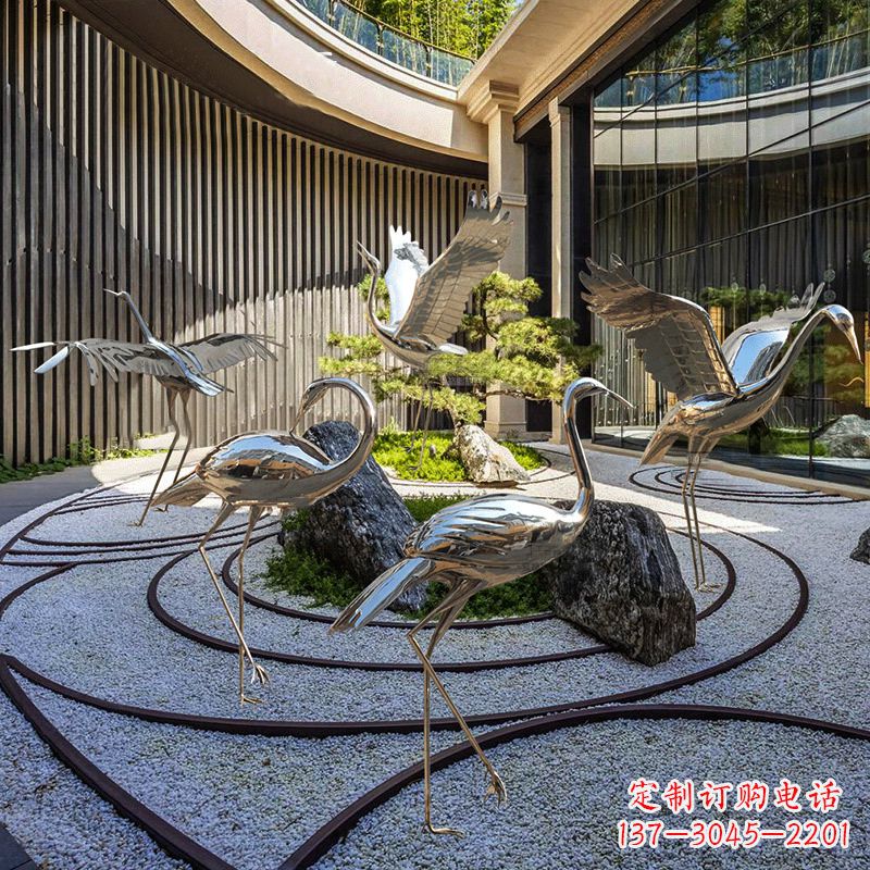 山西中领雕塑镜面不锈钢仙鹤雕塑