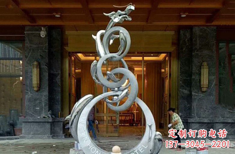 山西酒店不锈钢抽象鱼跃龙门雕塑