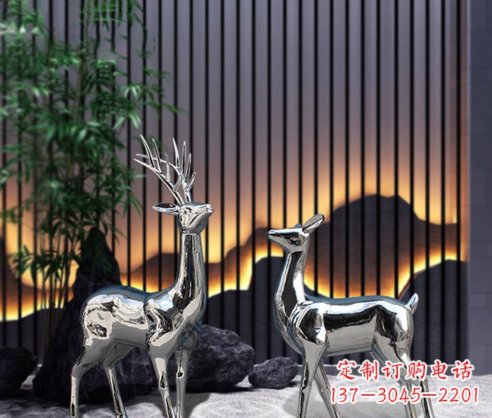 山西酒店镜面不锈钢梅花鹿雕塑,精美复刻精品