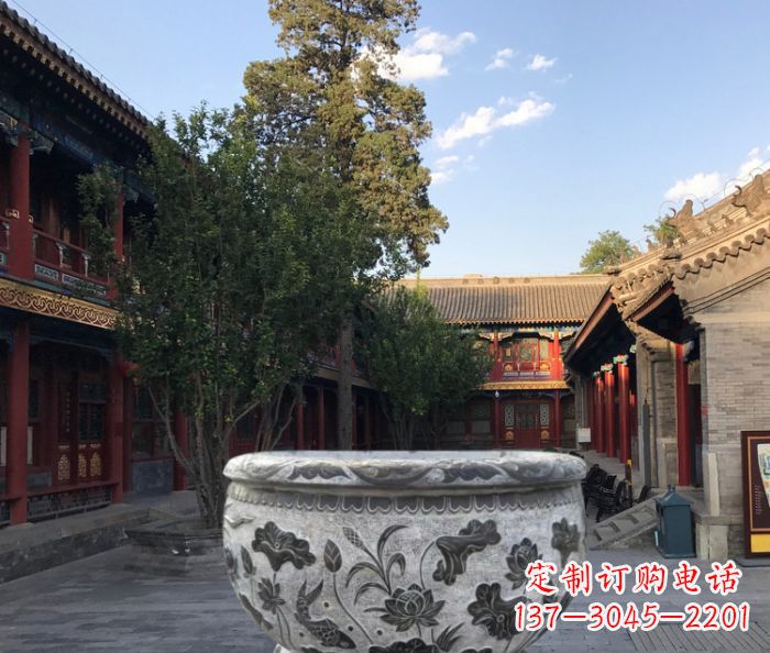 山西连年有鱼石浮雕圆形荷花水缸