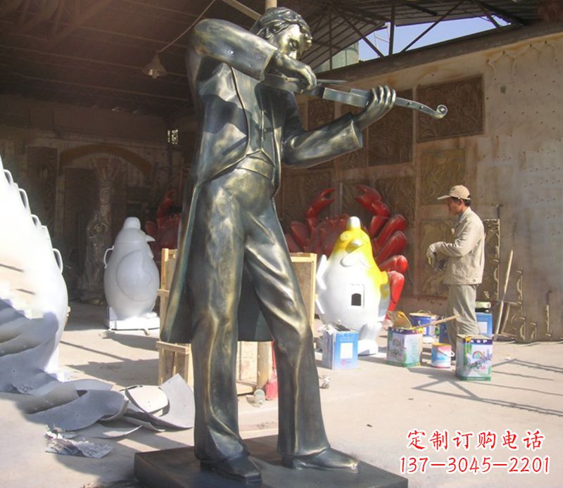 山西男人演奏小提琴人物景观铜雕