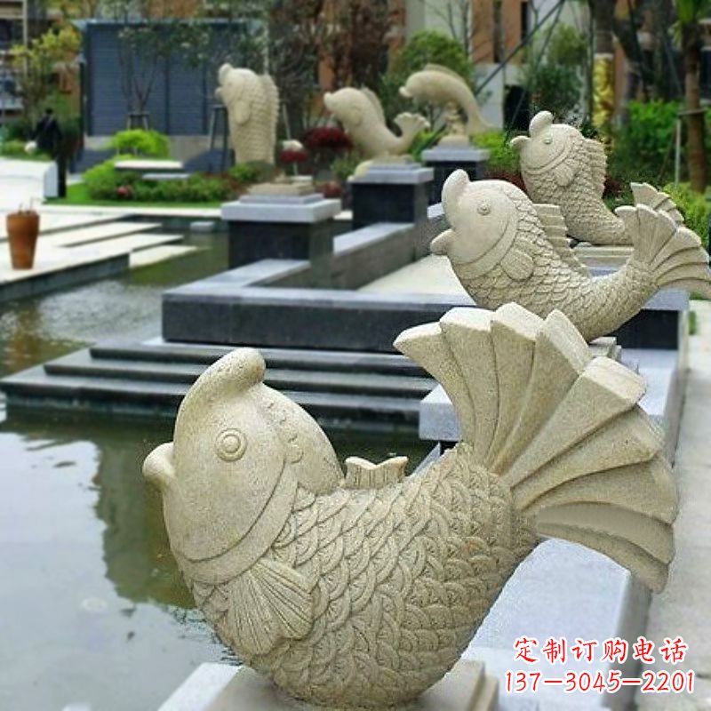 山西喷水鱼砂岩石雕-园林水池水塘动物喷泉雕塑