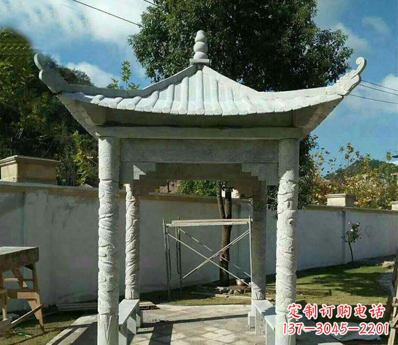 山西精美绝伦的青石单层四角凉亭雕塑