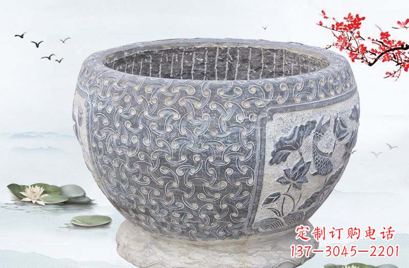 山西青石仿古鲤鱼浮雕水缸,精致雕塑设计