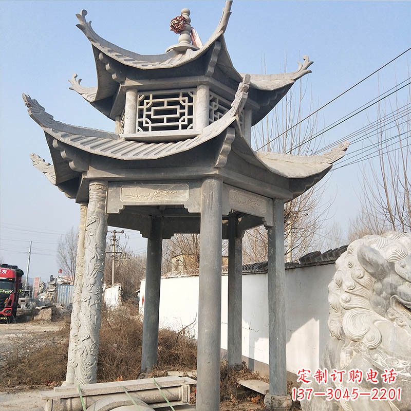 山西典雅精美的青石六角石凉亭雕塑