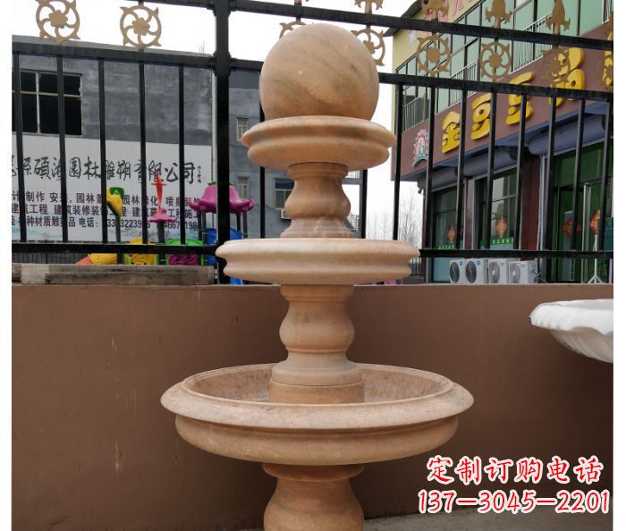 山西三层风水球晚霞红别墅石雕