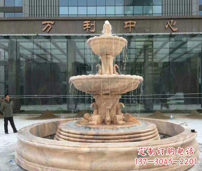 山西晚霞红三层欧式喷泉石雕—来自中领雕塑的艺术匠心品质