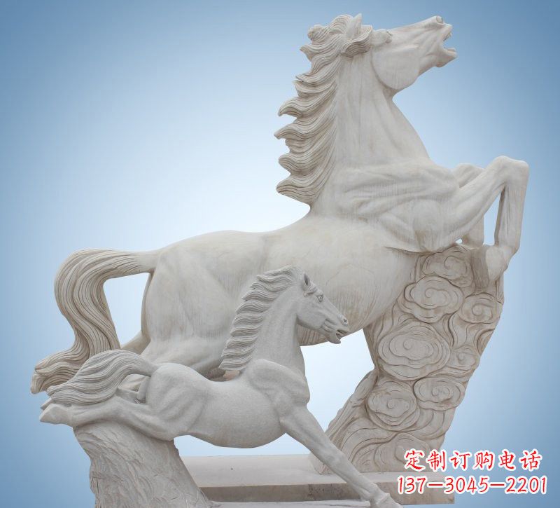 山西精致石质母子奔马雕塑