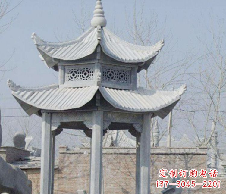 山西双层仿古六角凉亭石雕