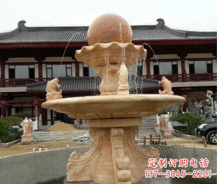 山西双层风水球喷泉晚霞红石雕