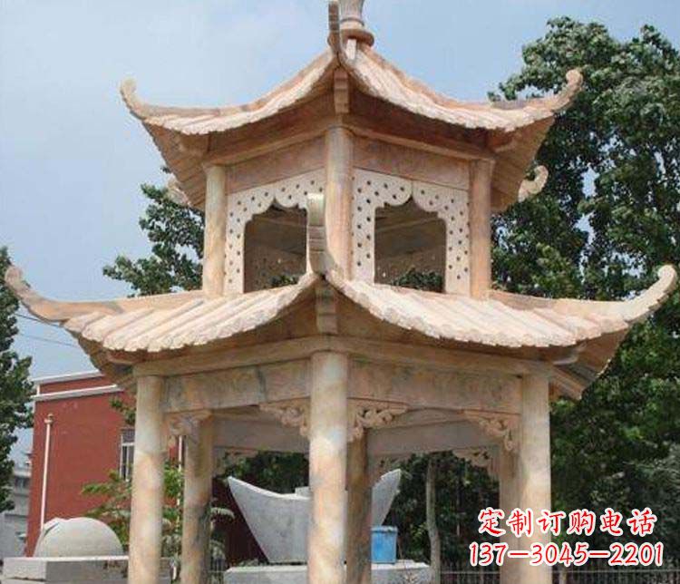 山西双层晚霞红凉亭石雕