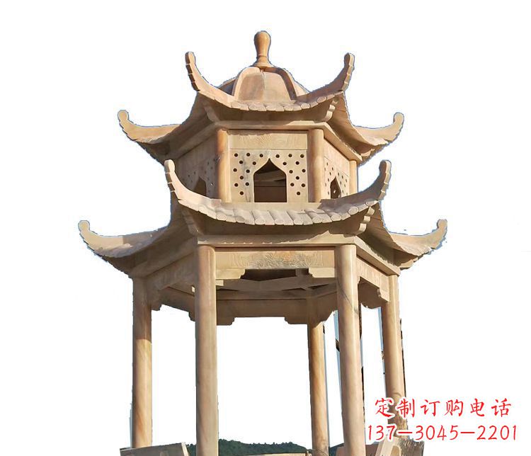 山西双层晚霞红凉亭石雕 (2)