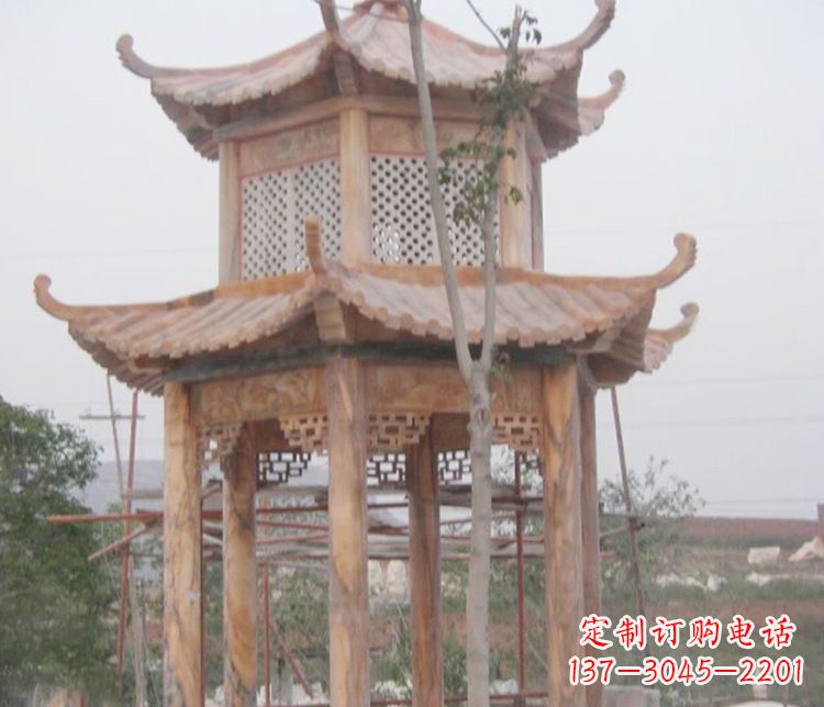 山西双层晚霞红石凉亭石雕 (2)