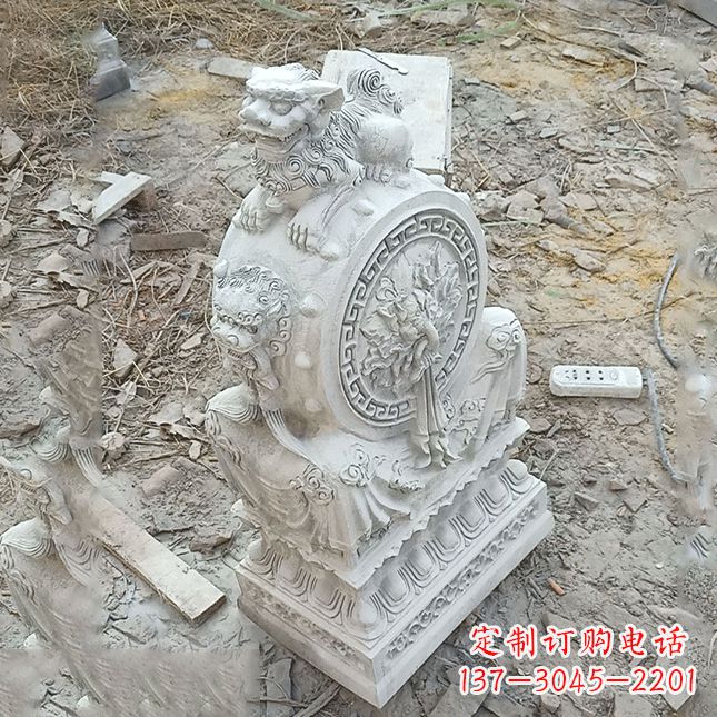 山西双龙石雕门墩汉白玉狮子头