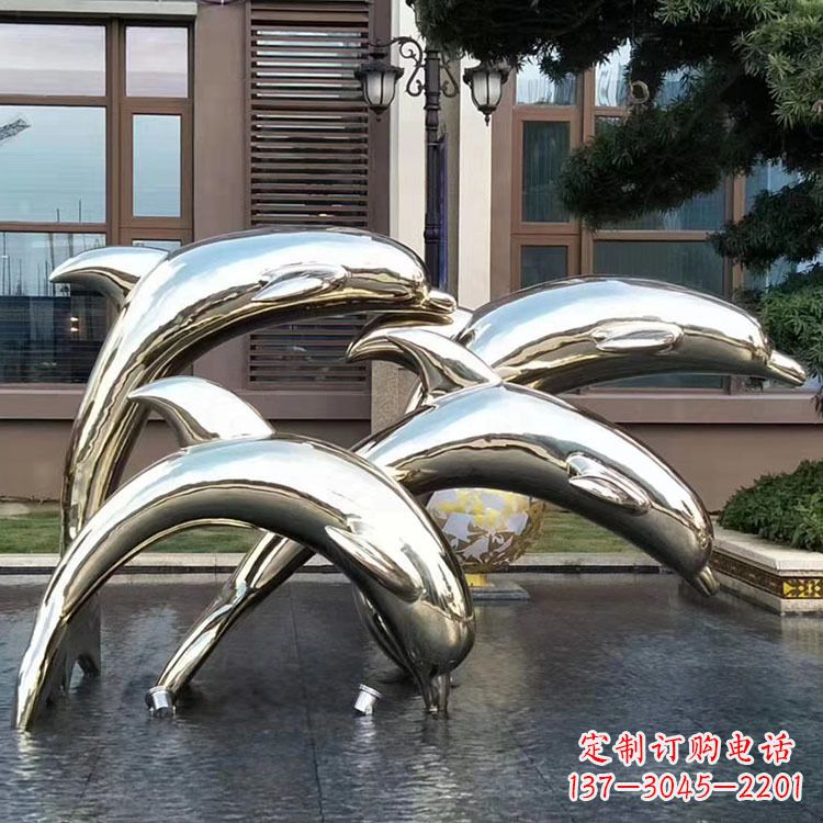 山西水景不锈钢海豚雕塑-城市广场创意动物雕塑