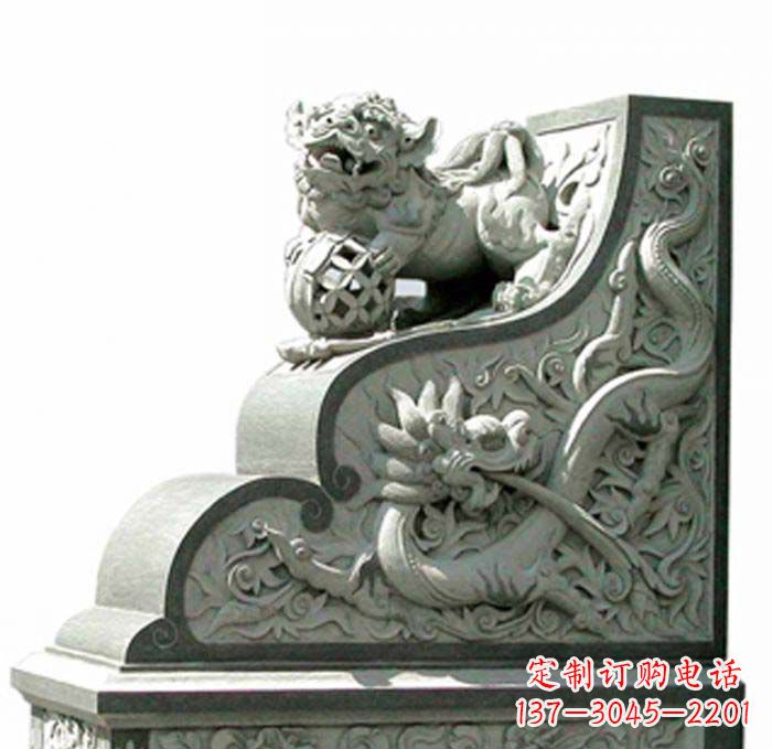 山西寺庙景观玩绣球狮子石雕门墩