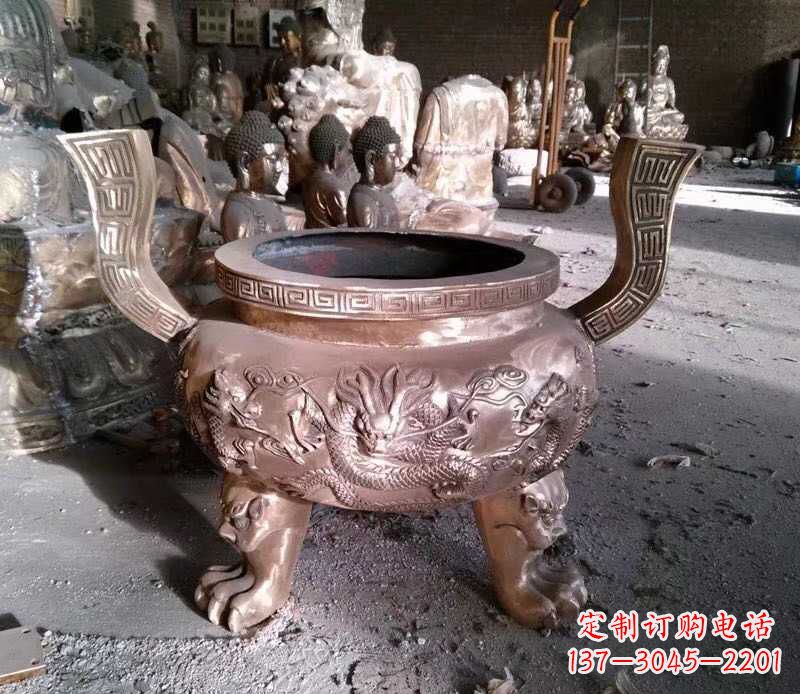 山西寺庙龙浮雕圆铜雕香炉