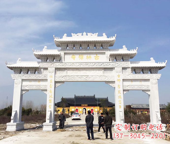 山西寺庙三门五楼石牌坊石雕_2