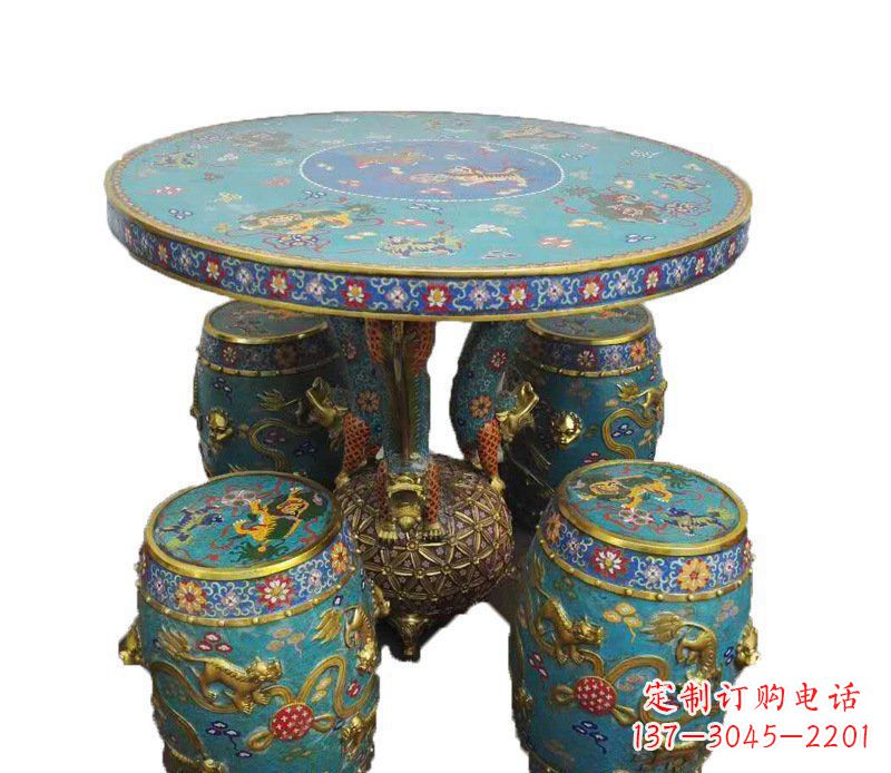 山西铜雕彩绘小象圆桌景观摆件