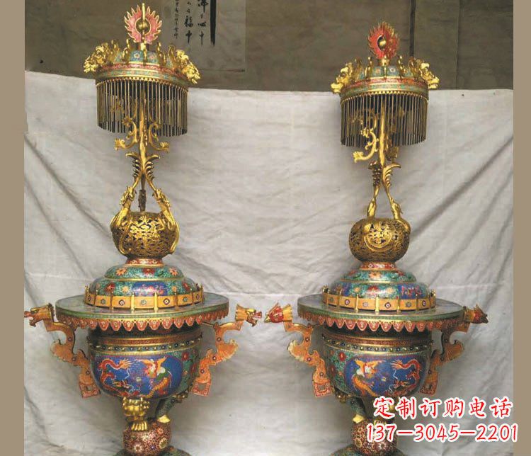 山西铜雕彩绘香炉景观摆件