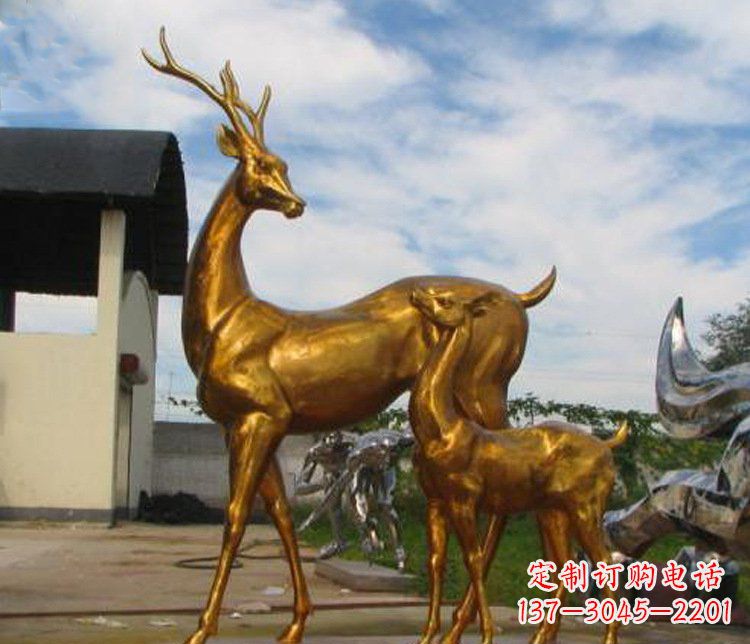 山西铜雕园林动物母子鹿雕塑