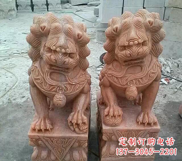 山西晚霞红传统狮子石雕