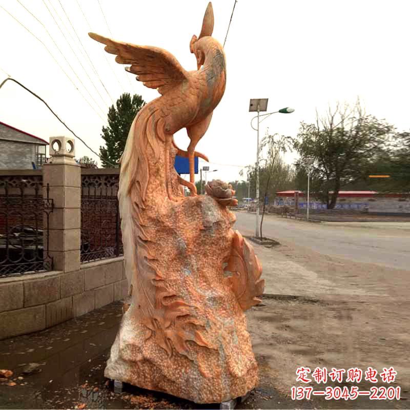 山西晚霞红大理石瑞鸟凤凰雕塑