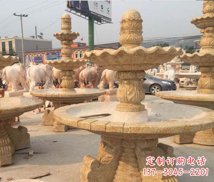 山西晚霞红多层大型石雕喷泉