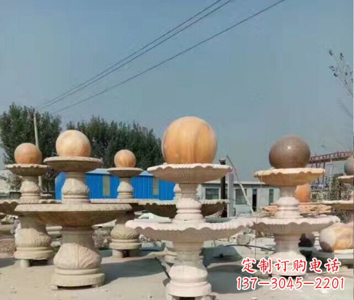 山西晚霞红多层风水球喷泉石雕