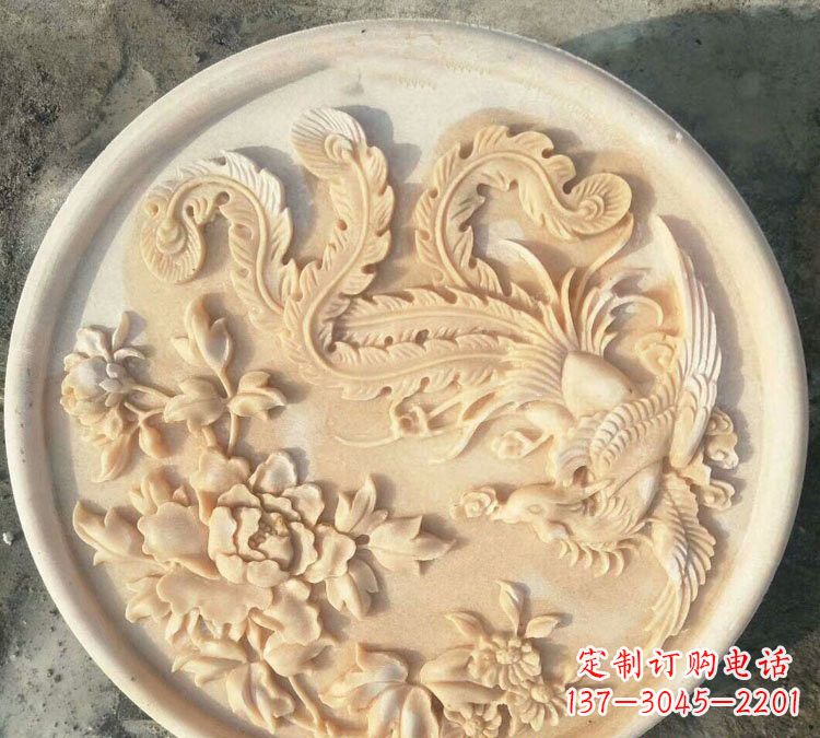 山西晚霞红凤凰牡丹石浮雕