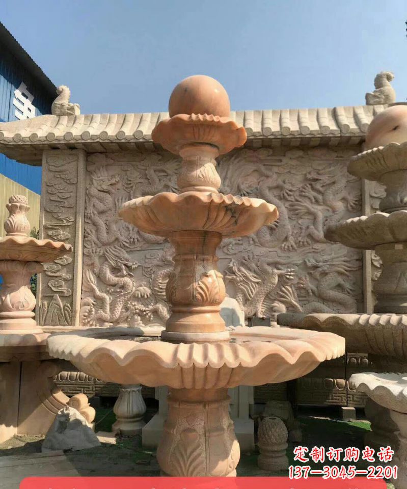 山西晚霞红风水球石雕喷泉