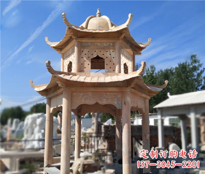 山西晚霞红公园双层六角凉亭石雕