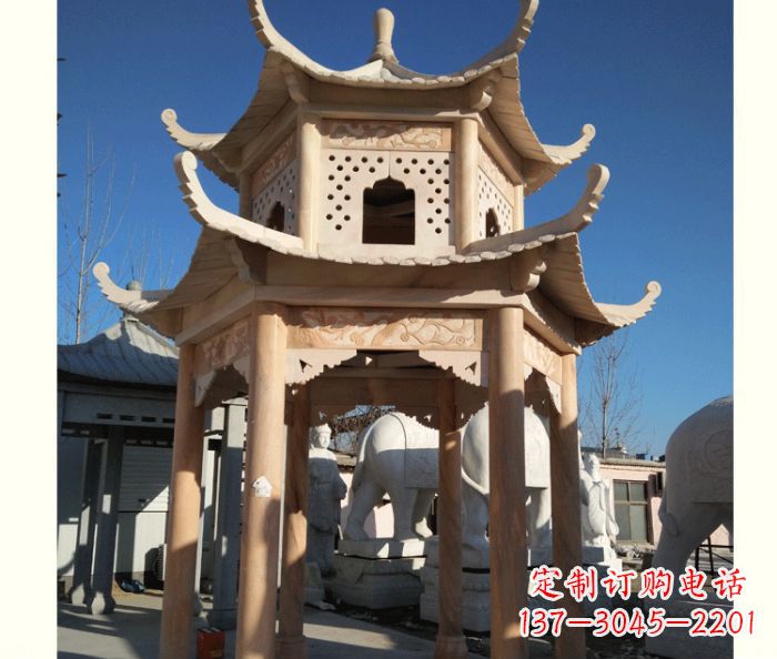 山西晚霞红公园双层六角凉亭石雕 (2)