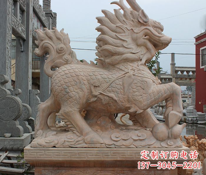 山西晚霞红古代神兽麒麟石雕