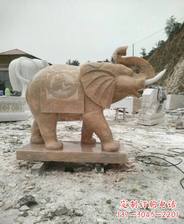 山西晚霞红吉祥如意大象雕塑