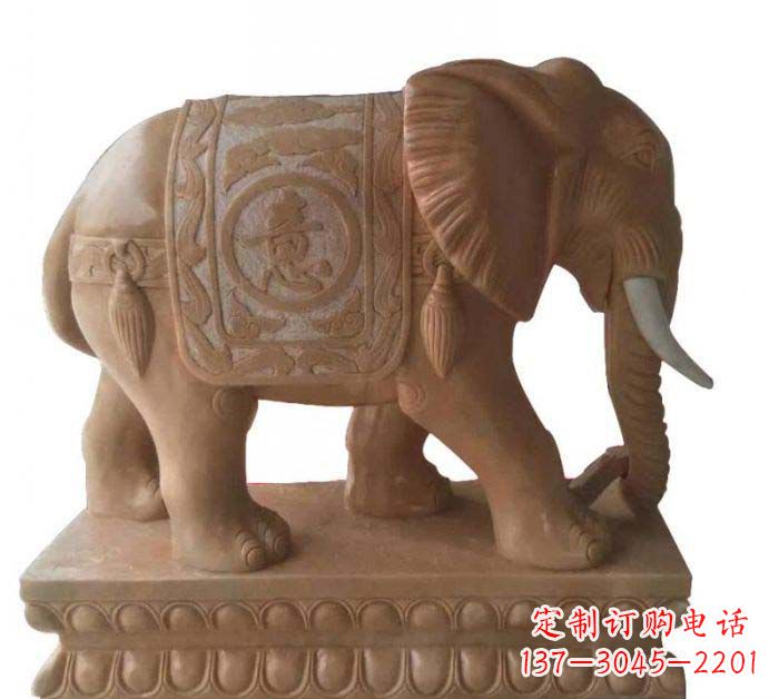山西晚霞红吉祥如意大象石雕 (2)