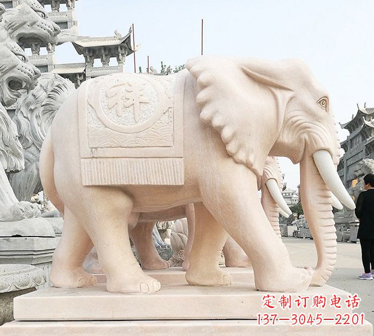 山西晚霞红吉祥如意大象石雕