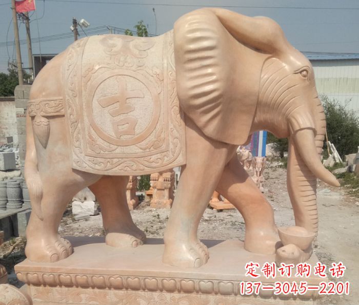 山西晚霞红吉祥如意门口大象石雕 (2)