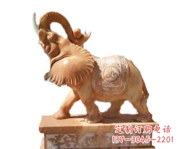 山西晚霞红吉祥如意象鼻朝天的大象石雕