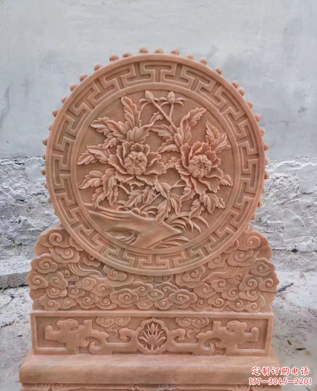 山西晚霞红牡丹花浮雕石门墩