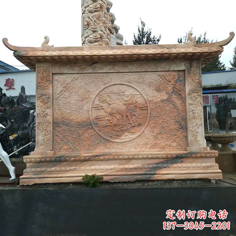 山西晚霞红麒麟影壁墙石雕