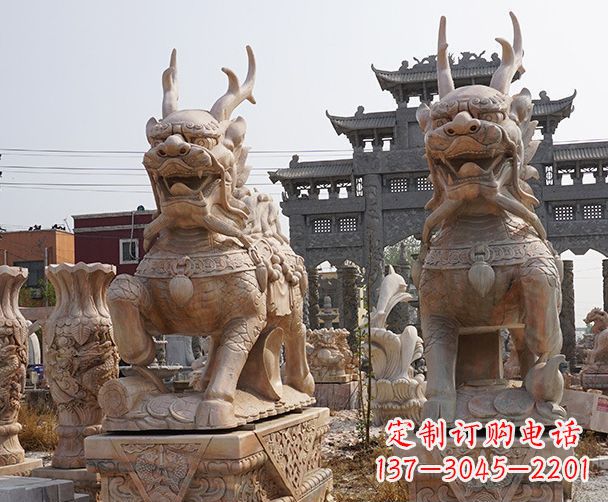 山西晚霞红瑞兽麒麟石雕 (2)