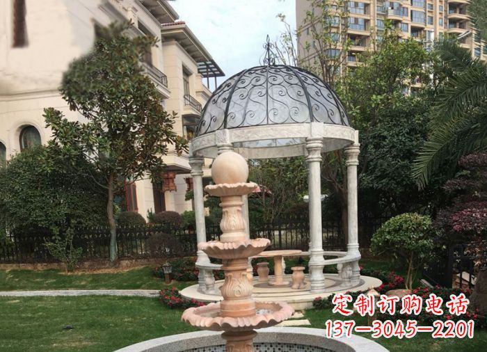 山西晚霞红三层风水球喷泉小区石雕