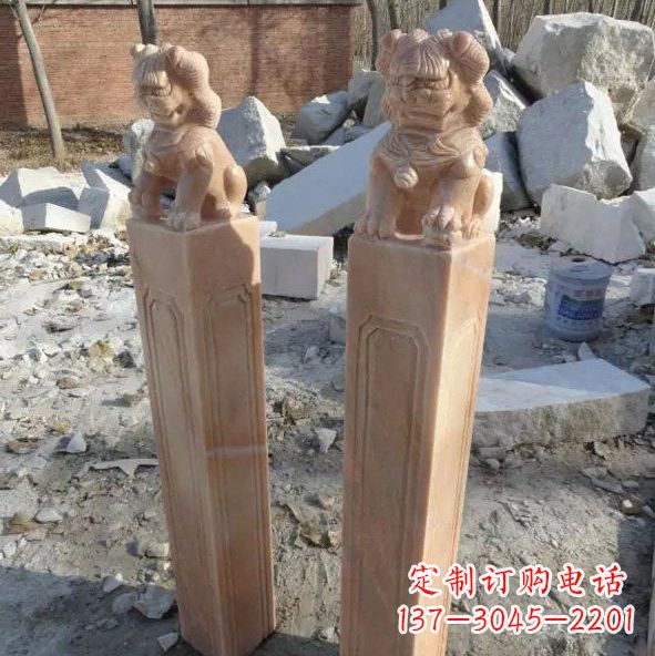 山西晚霞红狮子拴马桩