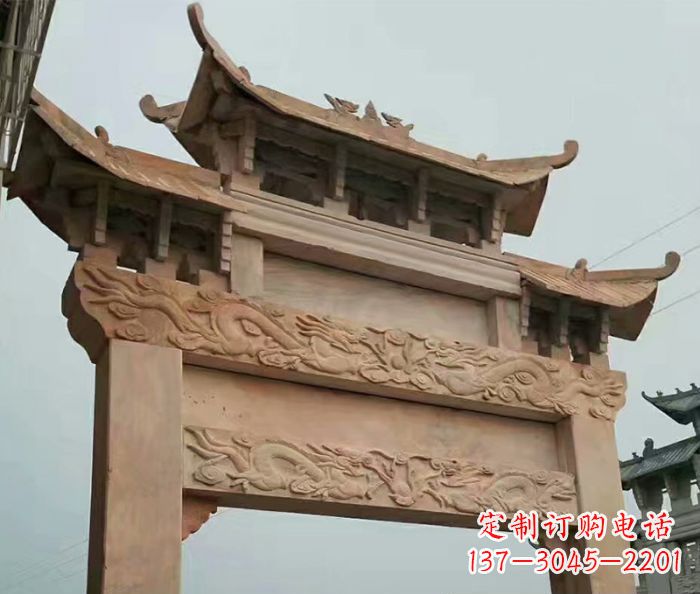 山西晚霞红石雕单门牌坊