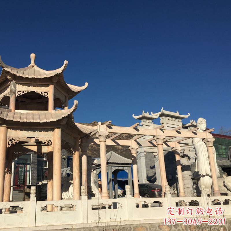 山西晚霞红石雕凉亭花架